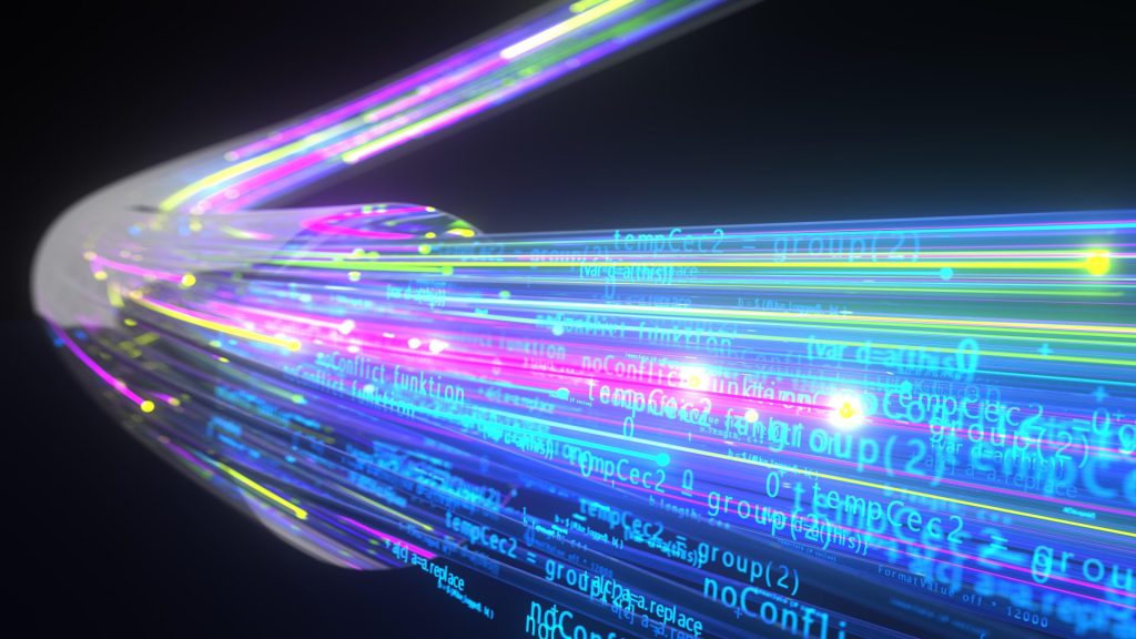 Algorithm streams over the optical fiber. 3d illustration.